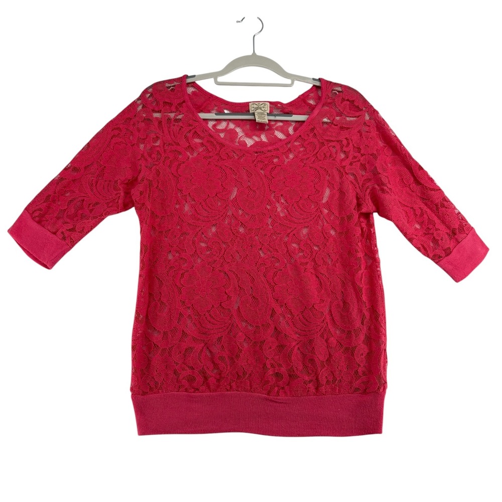 Eyelah Couture Womens Large Pink Floral Lace Top 3/4 Sleeve Sheer Boho Romantic